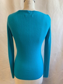 Womens, Pullover Sweater, SAKS FIFTH AVENUE, Turquoise Blue, Cashmere, Solid, S, Ribbed Knit, V-neck, Long Sleeves