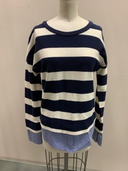 Womens, Pullover Sweater, J. CREW, Navy Blue, White, Lt Blue, Cotton, Stripes, XXS, CN, Mock "Dress Shirt" Hem,