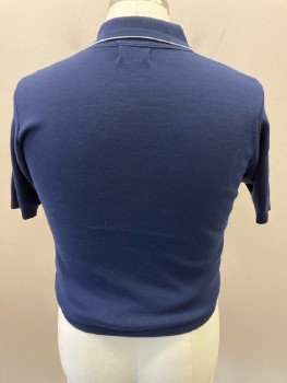 CAMPUS, Navy Blue, White, Ban-lon Synthetic, Solid, S/S, Rib Knit Collar And 3 Btn Placket, White Edging On Front Pckt And Collar, White Perarlized Btns