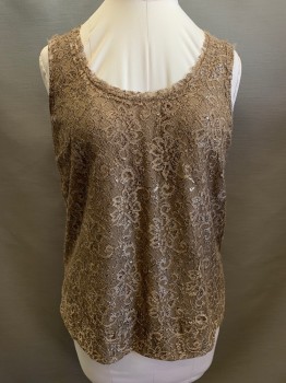 Womens, Top, JONES COLLECTION, Tan Brown, Silver, Nylon, Metallic/Metal, Floral, Solid, 10, Tan Floral Lace with Silver Tinsel, Tan Solid Lining, Scoop Neck, Sleeveless