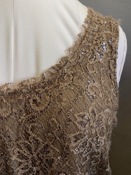 Womens, Top, JONES COLLECTION, Tan Brown, Silver, Nylon, Metallic/Metal, Floral, Solid, 10, Tan Floral Lace with Silver Tinsel, Tan Solid Lining, Scoop Neck, Sleeveless