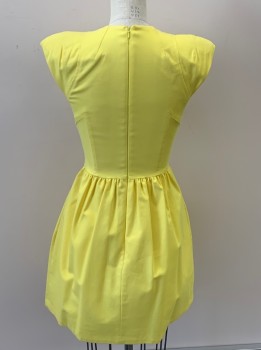 FRENCH CONNECTION, Yellow, Cotton, Elastane, Solid, V Neck, Cap Sleeves, Fitted Bodice, Gathered Full Skirt, Hidden Side Pckts, Back Zip, Hem Above Knee