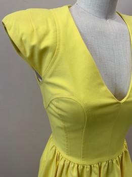 FRENCH CONNECTION, Yellow, Cotton, Elastane, Solid, V Neck, Cap Sleeves, Fitted Bodice, Gathered Full Skirt, Hidden Side Pckts, Back Zip, Hem Above Knee