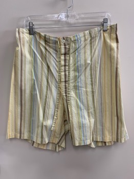 Mens, Pajama Bottom, NORDSTROM, Lt Yellow, Blue-Gray, Green, Brown, Butter Yellow, Cotton, Stripes - Vertical , M, Shorts, Button Up Fly, Drawstring At Waist