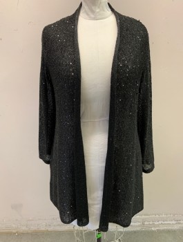 ALFANI, Black, Iridescent Black, Polyester, Sequins, Solid, Loose/Lightweight Knit, with Scattered Small Black Sequins, Long Sleeves, Open at Front with No Closures, Plus Size
