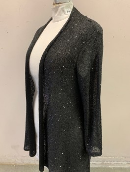 ALFANI, Black, Iridescent Black, Polyester, Sequins, Solid, Loose/Lightweight Knit, with Scattered Small Black Sequins, Long Sleeves, Open at Front with No Closures, Plus Size