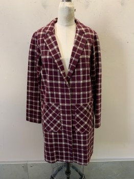 Womens, Casual Jacket, S, Red Burgundy, White, Cotton, Spandex, Plaid, S, Notched Lapel, 2 Snaps, 2 Pockets,