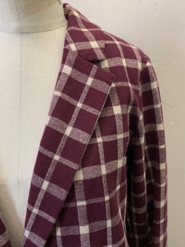 Womens, Casual Jacket, S, Red Burgundy, White, Cotton, Spandex, Plaid, S, Notched Lapel, 2 Snaps, 2 Pockets,