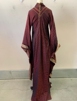 N/L MTO, Red Burgundy, Polyester, Self Dot Textured Taffeta, Long Gothic Sleeves, Gold and Bronze Metallic Trim, Burgundy Velvet Beaded Trim at V-Neck and Sleeve Openings, Stand Collar, Floor Length, Gold Lacing at Waist