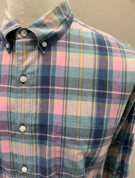 J CREW, Teal Blue, Baby Pink, Navy Blue, Lt Yellow, Cotton, Plaid, Faded, Slim, L/S, Button Front, Button Down Collar, Back Darts **Missing Second Bottom Button