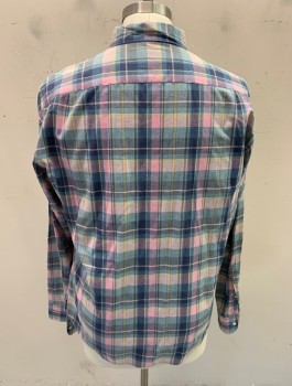 J CREW, Teal Blue, Baby Pink, Navy Blue, Lt Yellow, Cotton, Plaid, Faded, Slim, L/S, Button Front, Button Down Collar, Back Darts **Missing Second Bottom Button