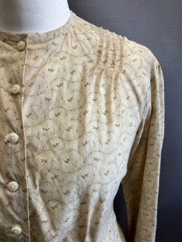 N/L, Yellow, Beige, Cotton, Floral, CB B.F., L/S, Tuck Pleats On Shoulder, Cut & Frayed Hem, Aged, Made To Order,