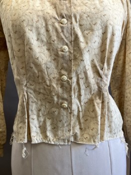 N/L, Yellow, Beige, Cotton, Floral, CB B.F., L/S, Tuck Pleats On Shoulder, Cut & Frayed Hem, Aged, Made To Order,