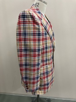 BON COURT, Red, White, Navy Blue, Sand, Wool, Plaid, Notched Lapel, SB. B.F., 2 Btns, 3 Pckts, 3 Btns @ Cuffs, Single Back Vent