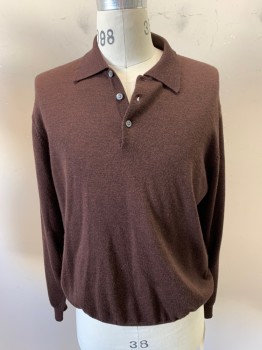 Mens, Pullover Sweater, PRONTO UOMO, Dk Brown, Wool, Solid, M, L/S, C.A., 3 Bttn.
