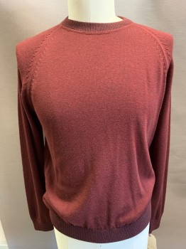 Mens, Pullover Sweater, THEORY, Red Burgundy, Wool, Spandex, Solid, L, L/S, CN, Small Hole on R Shoulder