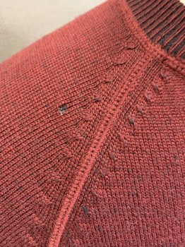 Mens, Pullover Sweater, THEORY, Red Burgundy, Wool, Spandex, Solid, L, L/S, CN, Small Hole on R Shoulder