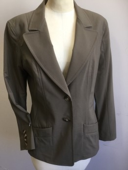 Womens, Blazer, FACONNABLE, Lt Olive Grn, Navy Blue, Wool, Rayon, Solid, 4, Light Olive with Upper Navy Lining, Large Notched Lapel, Single Breasted, 2 Button Front, 2 Pockets, Long Sleeves,
