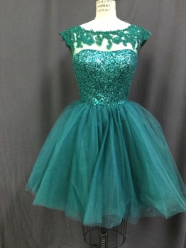 SHERRI HILL, Teal Green, Polyester, Solid, Floral, Bateau/Boat Neck, Cap Sleeves, Sequined and Beaded Floral Lace Yoke, Open V-back to Waist, Zip Back, Sequined Bodice, Full Tule Short Skirt, Lined Plus Crinoline, Prom, Dance, Party, Multiples,