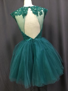 SHERRI HILL, Teal Green, Polyester, Solid, Floral, Bateau/Boat Neck, Cap Sleeves, Sequined and Beaded Floral Lace Yoke, Open V-back to Waist, Zip Back, Sequined Bodice, Full Tule Short Skirt, Lined Plus Crinoline, Prom, Dance, Party, Multiples,