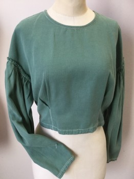 TRF COLLECTION, Sage Green, Cotton, Lyocell, Solid, Sage with Large Off White Top Stitches Crew Neck, Inside Out Seam Long Sleeves @ Shoulder & Hem, Key Hole Back with 1 Button