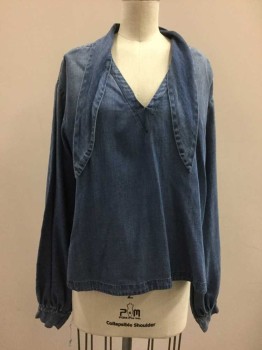 Womens, Top, FRAME, Denim Blue, Cotton, Tencel, Solid, M, Blue Chambray, Self Tie V-neck, Long Sleeves,