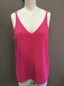 TOPSHOP, Fuchsia Pink, Polyester, Solid, Sheer Double Layered Chiffon,  Double Spaghetti Straps, Wide V Neck
