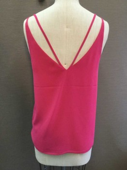 TOPSHOP, Fuchsia Pink, Polyester, Solid, Sheer Double Layered Chiffon,  Double Spaghetti Straps, Wide V Neck