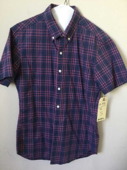 BONOBOS, Navy Blue, Pink, Red, Cotton, Plaid, Button Down Collar, Button Front, Short Sleeve,  1 Pocket,