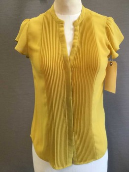 H & M, Goldenrod Yellow, Polyester, Solid, BLOUSE:  Goldenrod Sheer, Round Neck W/split, Hidden Button Front, Vertical Pleat Center Front,elephant Short Sleeve,