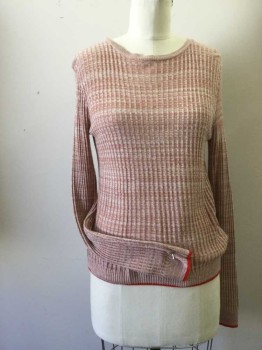 TOP SHOP, White, Red, Viscose, Heathered, Round Neck,  Long Sleeves, Rib Knit, Red Trim at Waist and Cuff