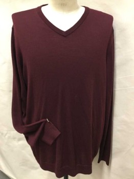 Mens, Pullover Sweater, BROLETTO, Wine Red, Wool, Solid, XL, V-neck, Long Sleeves,