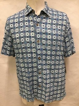 TOMMY BAHAMA, Gray, Navy Blue, Turquoise Blue, White, Green, Silk, Novelty Pattern, Multi Color Floral/diamond Novelty Print Button Front, Collar Attached, Short Sleeve,
