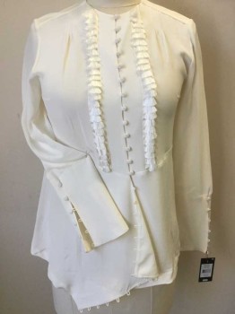 DEREK LAM, Cream, Silk, Solid, Cream Round Neck,  Cover Button Front, 2 Vertical Tassels Front Center, 4 Pleat Released at Shoulder, Long Sleeves with 6 Hoops Cover Buttons