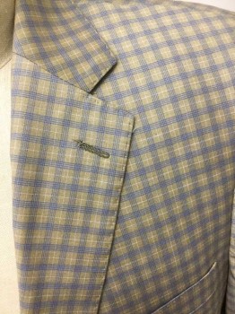 Mens, Sportcoat/Blazer, Antonio Cardinni, Khaki Brown, Blue, White, Wool, Silk, Plaid, 42 R, 2 Buttons,  Single Breasted, Notched Lapel, Hand Picked Collar/Lapel, 3 Pockets,