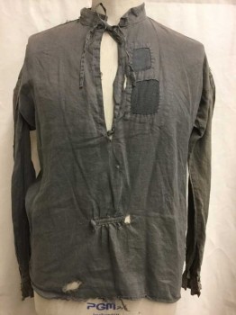 Mens, Historical Fiction Shirt, N/L, Gray, Taupe, Cotton, Solid, C44, Long Sleeves, Band Collar,  Self Tie Closure At Neck, Pullover, Patched At Center Front & Sleeve, Pleated Ruffle Cuffs W/Button & Loop Closure, Aged/Holey/Dirty Throughout,