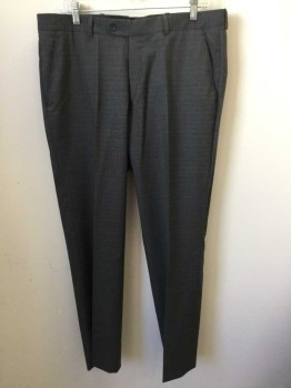 Mens, Suit, Pants, N/L, Medium Gray, White, Wool, Check , Flat Front, Button Tab, Belt Loops