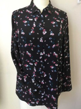 Womens, Blouse, BANANA REPUBLIC, Black, Red, Pink, Teal Blue, Off White, Silk, Floral, L, Collar Attached, Button Front, Long Sleeves,