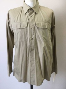 WRANGLER, Khaki Brown, Cotton, Solid, Button Front, Collar Attached, Long Sleeves, 2 Flap Pocket, Back Vents