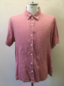 Mens, Casual Shirt, TASSO ELBA, Rose Pink, White, Linen, Novelty Pattern, 17, XL, Collar Attached, Short Sleeves, Button Front, Rose Background with White Print