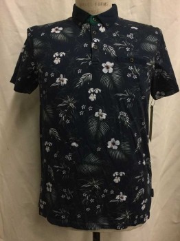 TED BAKER, Navy Blue, Green, White, Gray, Red, Cotton, Tropical , Navy with Green/white/gray/red/yellow Tropical Print, Button Down Collar, Short Sleeves,