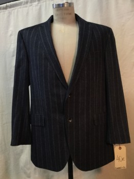 Mens, Sportcoat/Blazer, CARROLL & CO, Navy Blue, Heather Gray, Wool, Stripes, Heathered, 40 R, Heather Navy with Heather Gray Pinstripes, Notched Lapel, 2 Buttons,