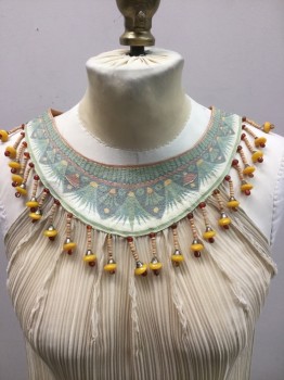 MTO, Ecru, Mustard Yellow, Red, Green, Polyester, Beaded, Solid, Chiffon Plisse Dress/tunic with Open Sides. Collar Band of Leather with Printed Palm Leaf Design. Mustard and Red Bead Tassle Trim at Neckline. Dress Connected at Underarms
