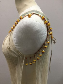 Womens, Historical Fiction Dress, MTO, Ecru, Mustard Yellow, Red, Green, Polyester, Beaded, Solid, S, Chiffon Plisse Dress/tunic with Open Sides. Collar Band of Leather with Printed Palm Leaf Design. Mustard and Red Bead Tassle Trim at Neckline. Dress Connected at Underarms