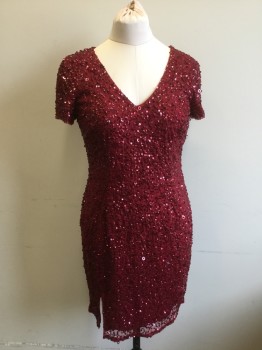 Womens, Cocktail Dress, ADRIANNA PAPELL, Dk Red, Synthetic, Sequins, 12, Sequin Scattered All Over, V. Neck, Short Sleeves, Zip Center Back,