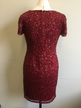 Womens, Cocktail Dress, ADRIANNA PAPELL, Dk Red, Synthetic, Sequins, 12, Sequin Scattered All Over, V. Neck, Short Sleeves, Zip Center Back,