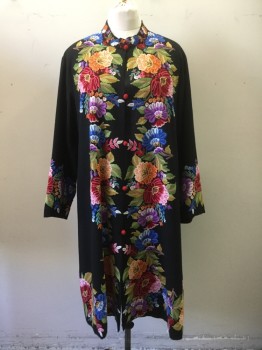 NATURAL, Black, Wool, Solid, Floral, Black with Multicolor Floral Embroidery, Band Embroidered Collar, Red Embroidered Buttons with Loops, Calf Length