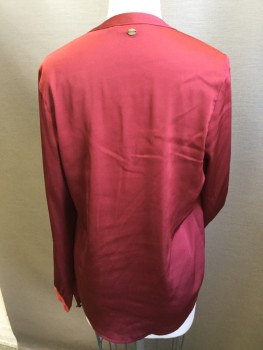 GUESS, Dk Red, Polyester, Solid, Crew V-neck, Pull Over, Long Sleeves, Curved Hem