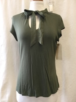 FERVOUR, Olive Green, Rayon, Spandex, Solid, Self Tie Neck, Cap Sleeves,