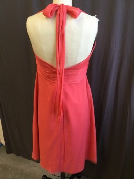Womens, Evening Gown, MONIQUE LHUILLIER, Orange, Silk, Polyester, Solid, B:36, 8, W:28, Silk Crepe, A-Line with Pleated Criss-cross Halter Top, Matching Lining, CB Zipper